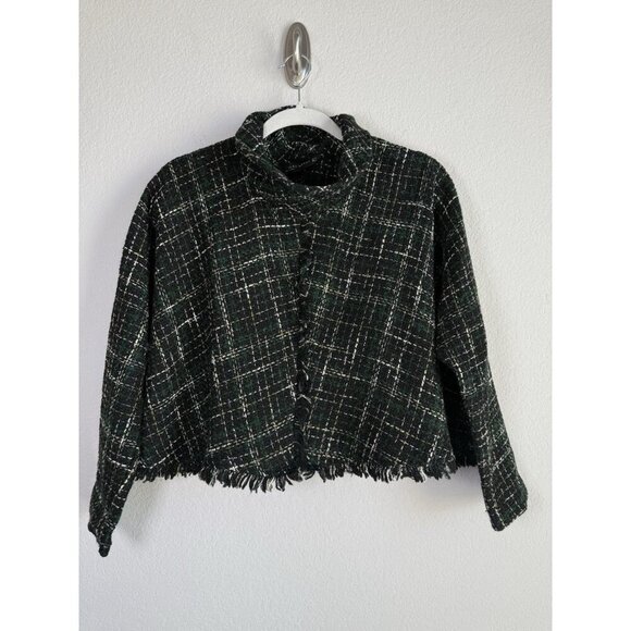 ZARA WOMAN Tweed Fringed Mock Neck Front Cropped Jacket Plaid Black Green Size M - Picture 5 of 11